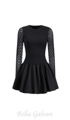 Lace Patchwork Puff Mini Dress in black Flowering Girl
