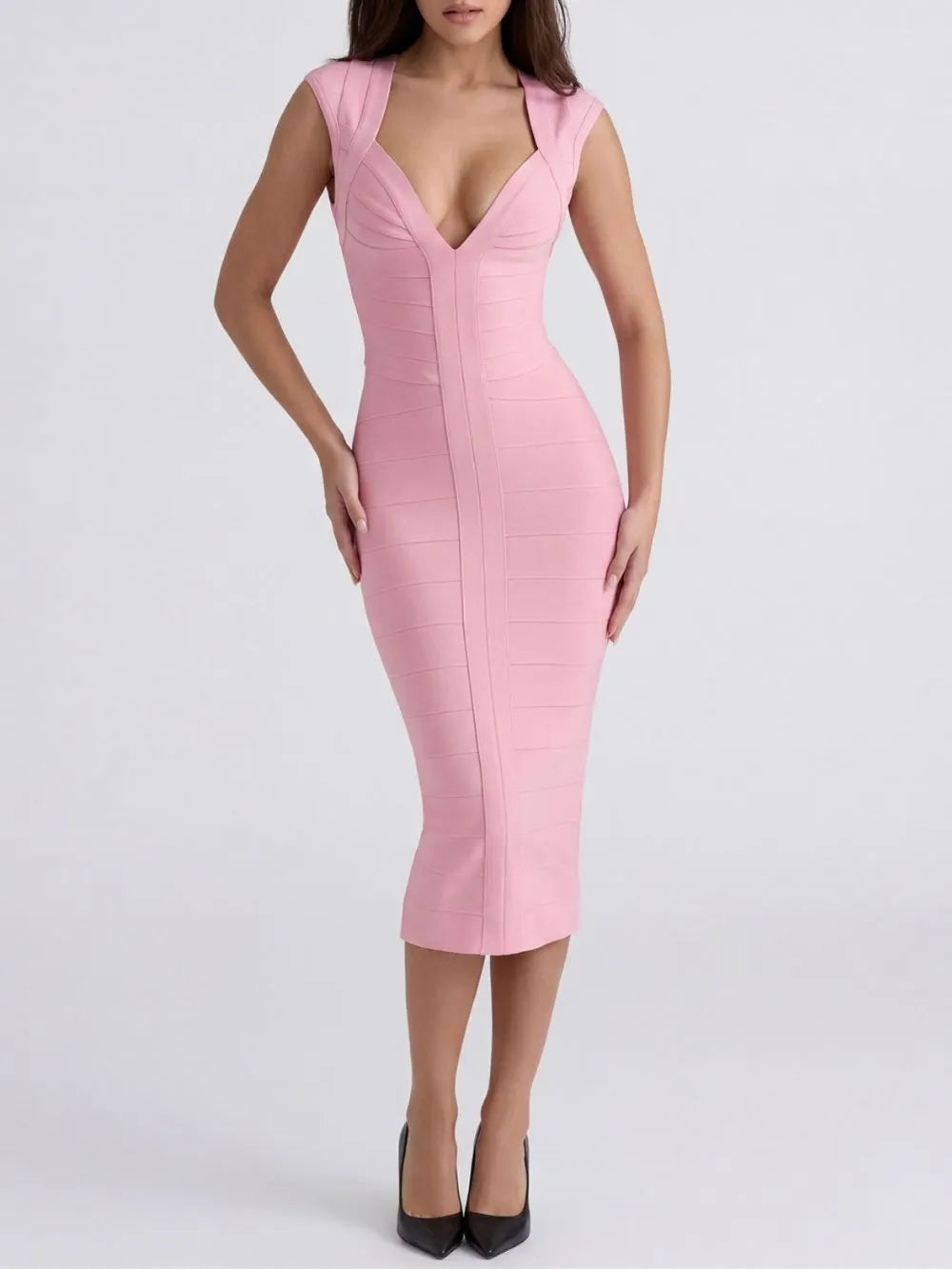 Marixa Pink V-Neck Bandage Midi Dress Flowering Girl