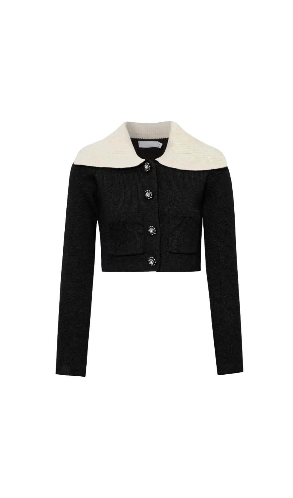 BLACK KNIT CARDIGAN WITH CONTRAST COLLAR Flowering Girl