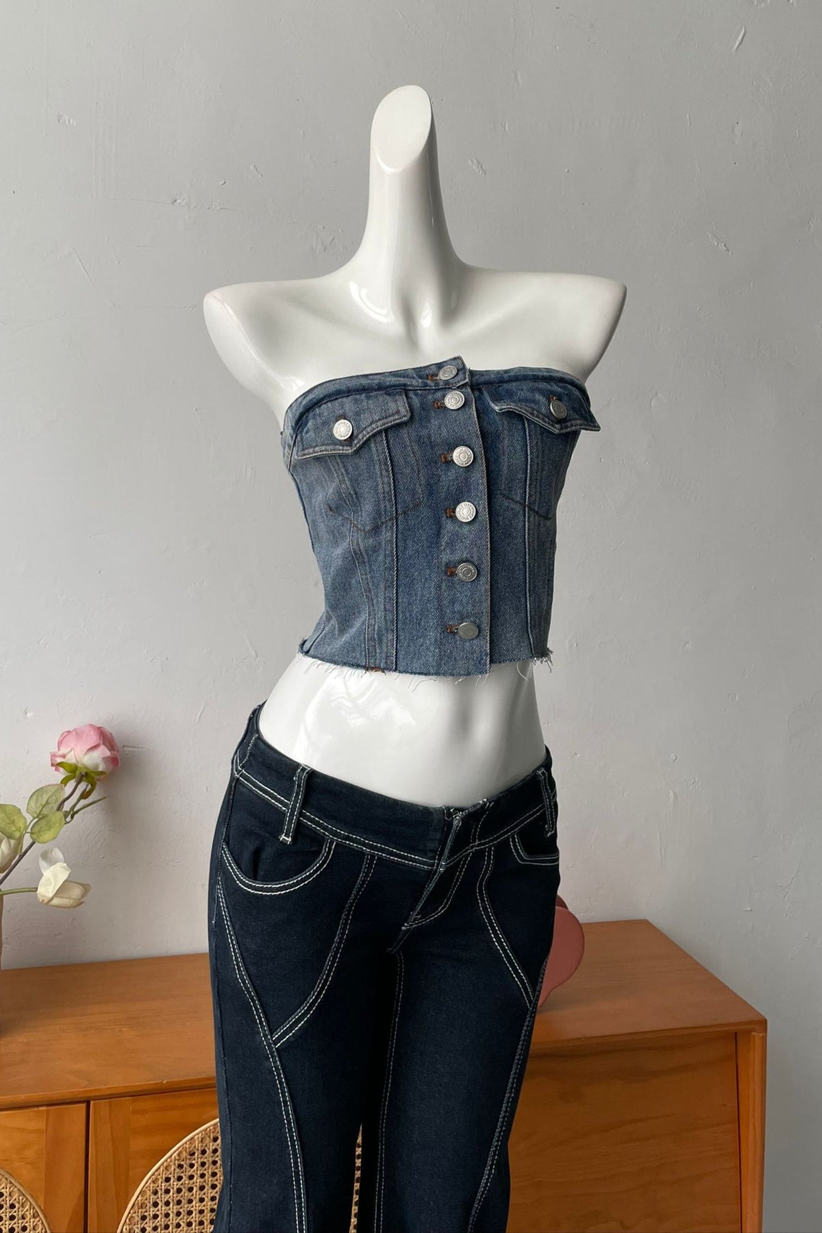 8-Button Denim Tube Top In Blue Flowering Girl