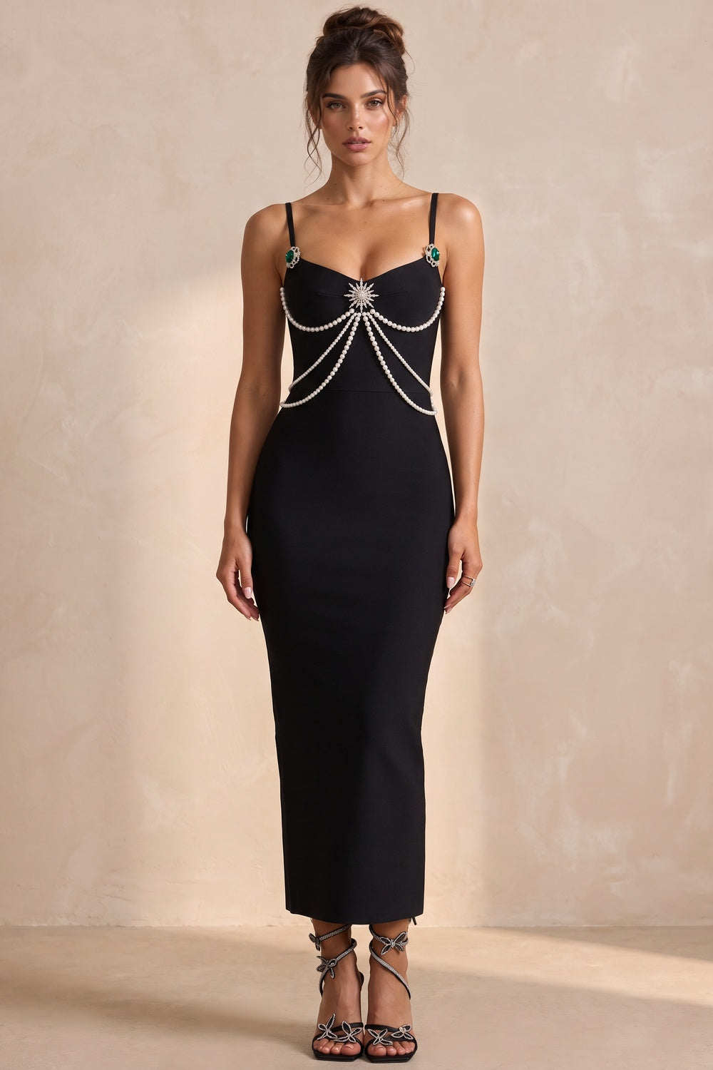 Black Heavy Knit Bandage Bodycon Midi Dress Flowering Girl