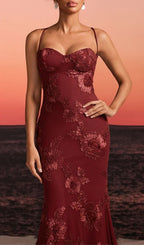 Zryne Spaghetti Embroidered Flower Maxi Dress In Wine Flowering Girl
