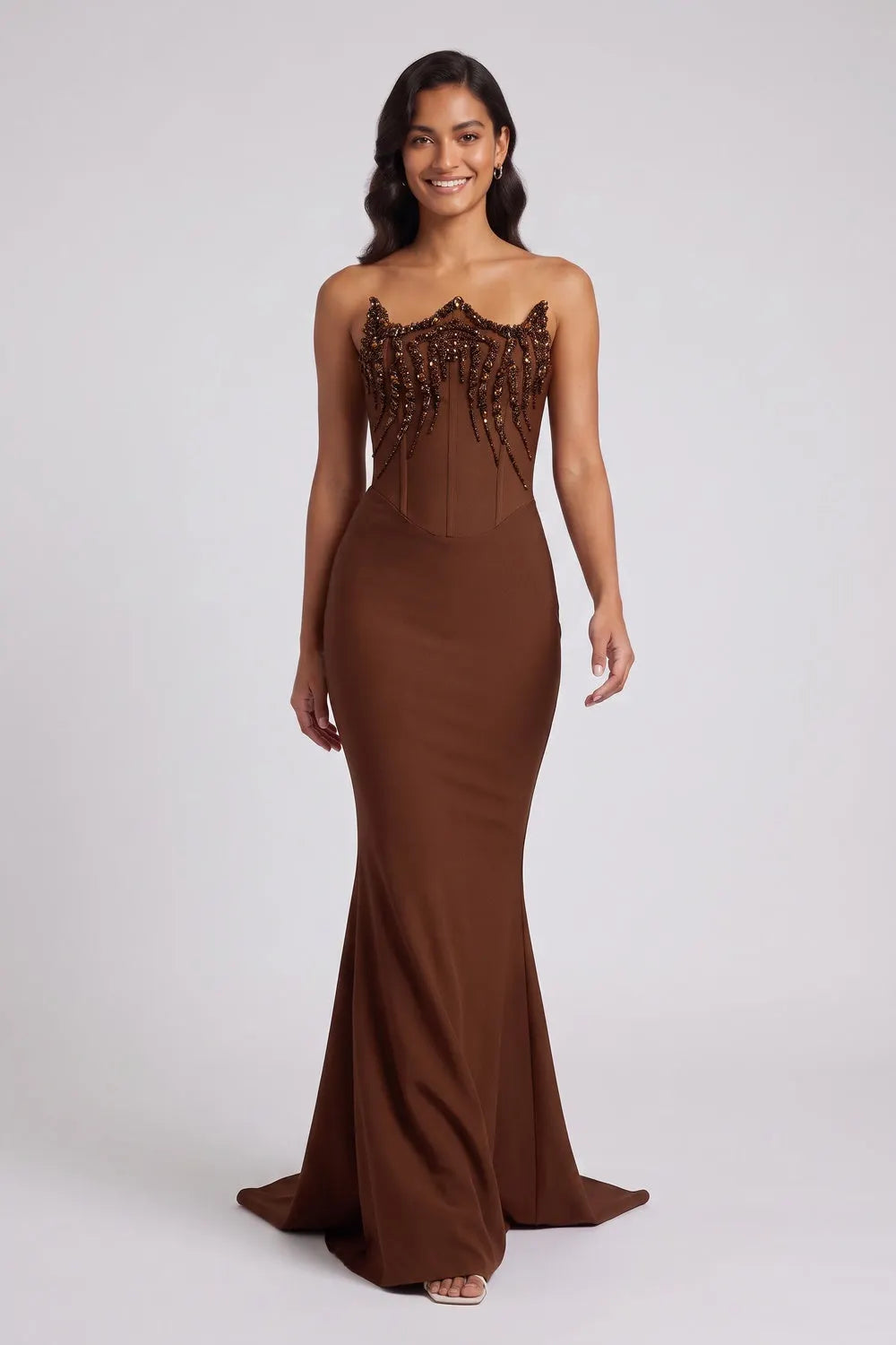 Brown Strapless Beaded Mermaid Evening Gown Flowering Girl