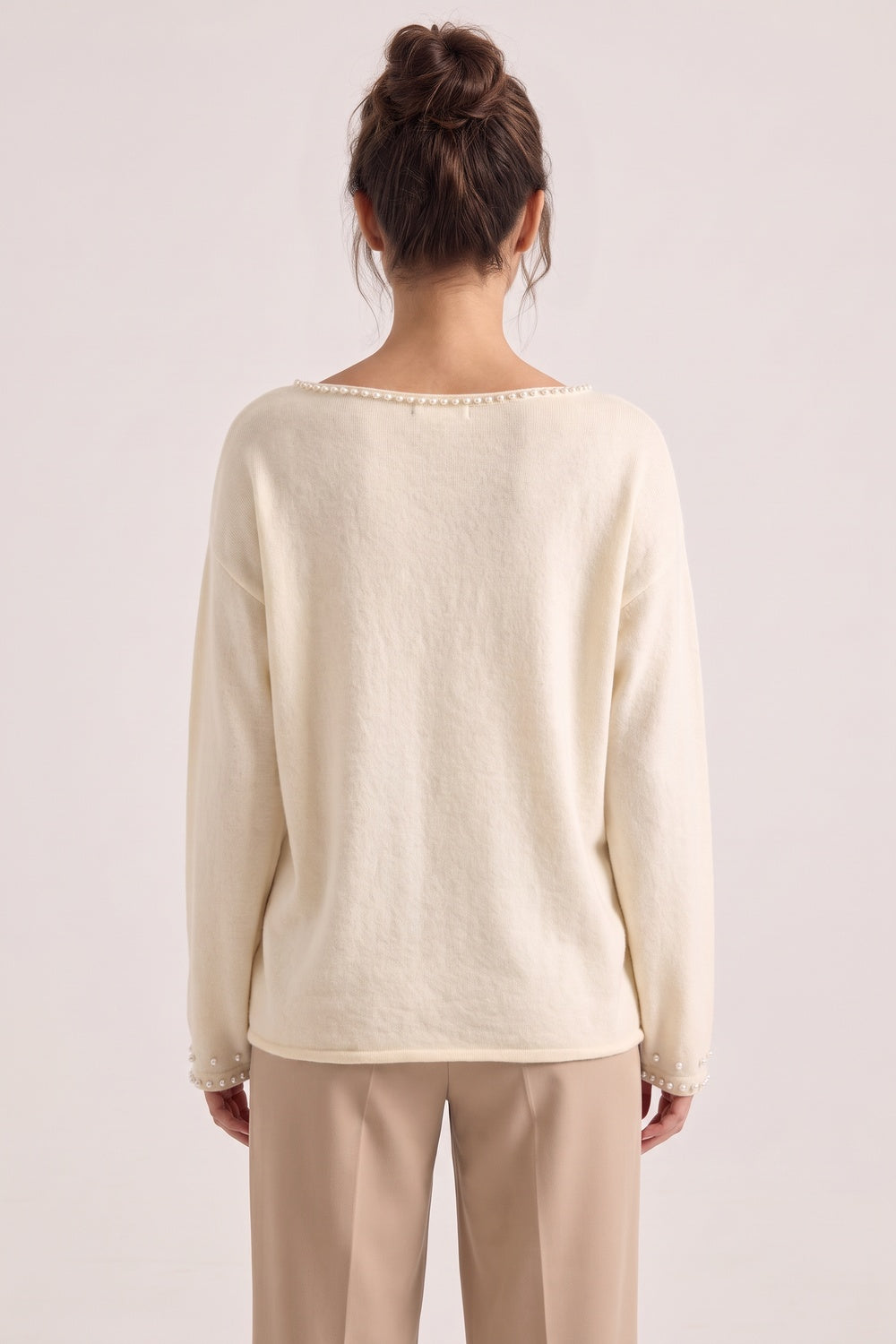 Relaxed Cream Knit Sweater with Pearl Bead Embellishments Flowering Girl