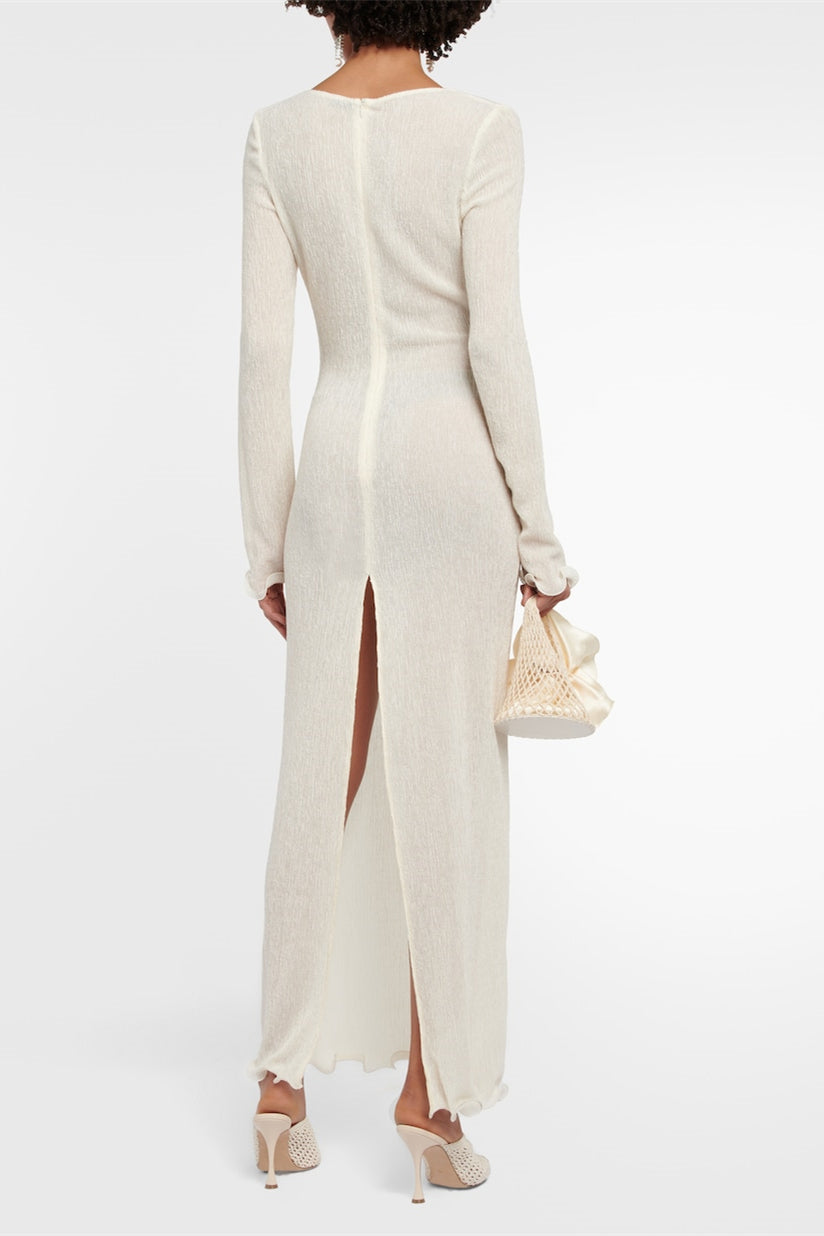 Long Sleeve V-Neck Slit Maxi Dress Solid Color Flowering Girl