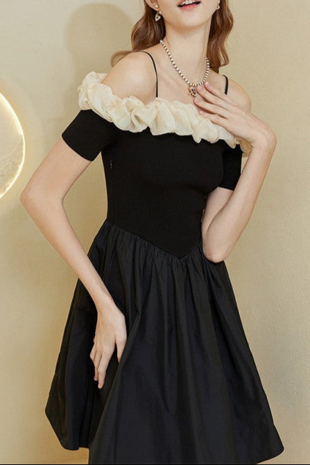 Off-Shoulder Ruffle Trim Suspender Mini Dress In Black Flowering Girl