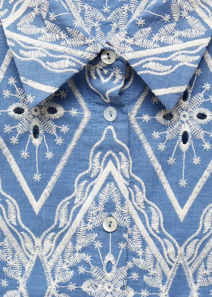 Blue & White Embroidered Puff Sleeve Lace Blouse Flowering Girl