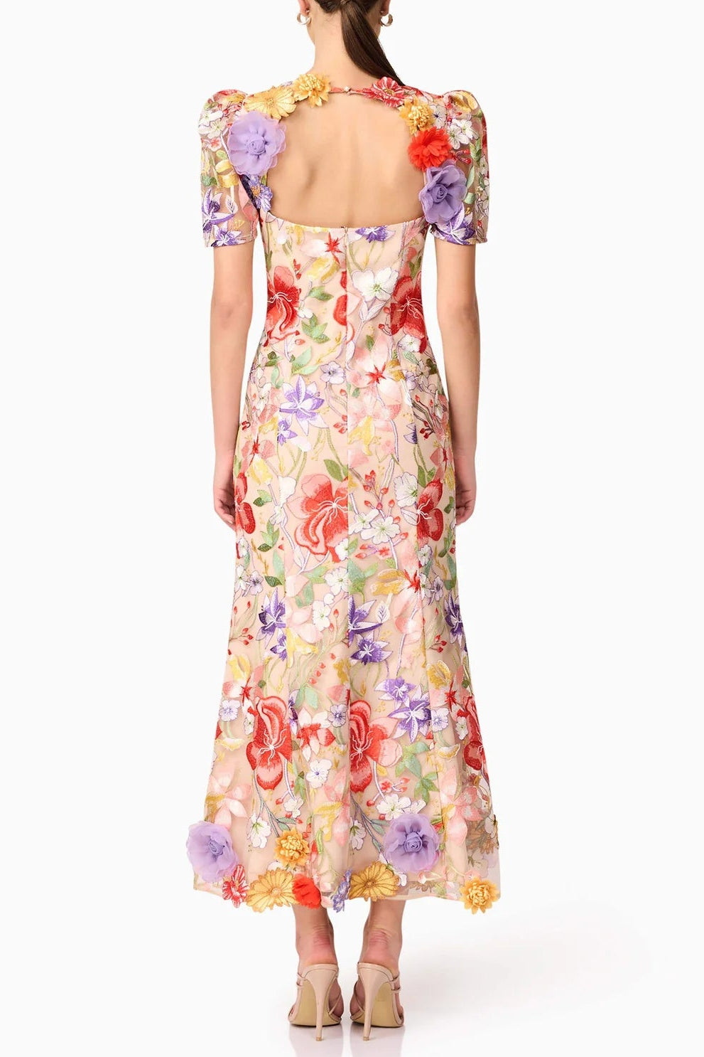 Trista Multicolor Square Neck Backless Mesh Embroidered Fishtail Maxi Dress Flowering Girl