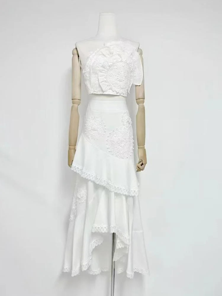 Nina Ruffled Strapless Top Floral Embroidered Mermaid Skirt Set - White Flowering Girl
