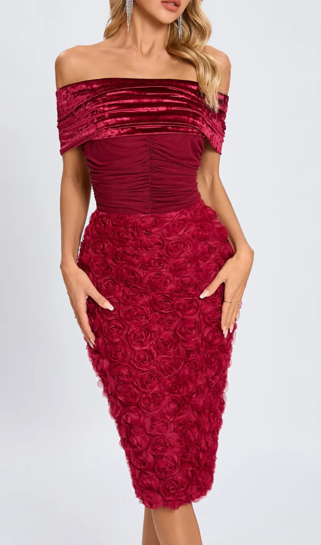 Colletta Red Off-Shoulder Ruched Flower Midi Dress Flowering Girl