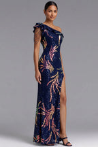 Navy Blue One-Shoulder Sequin Maxi Gown Flowering Girl