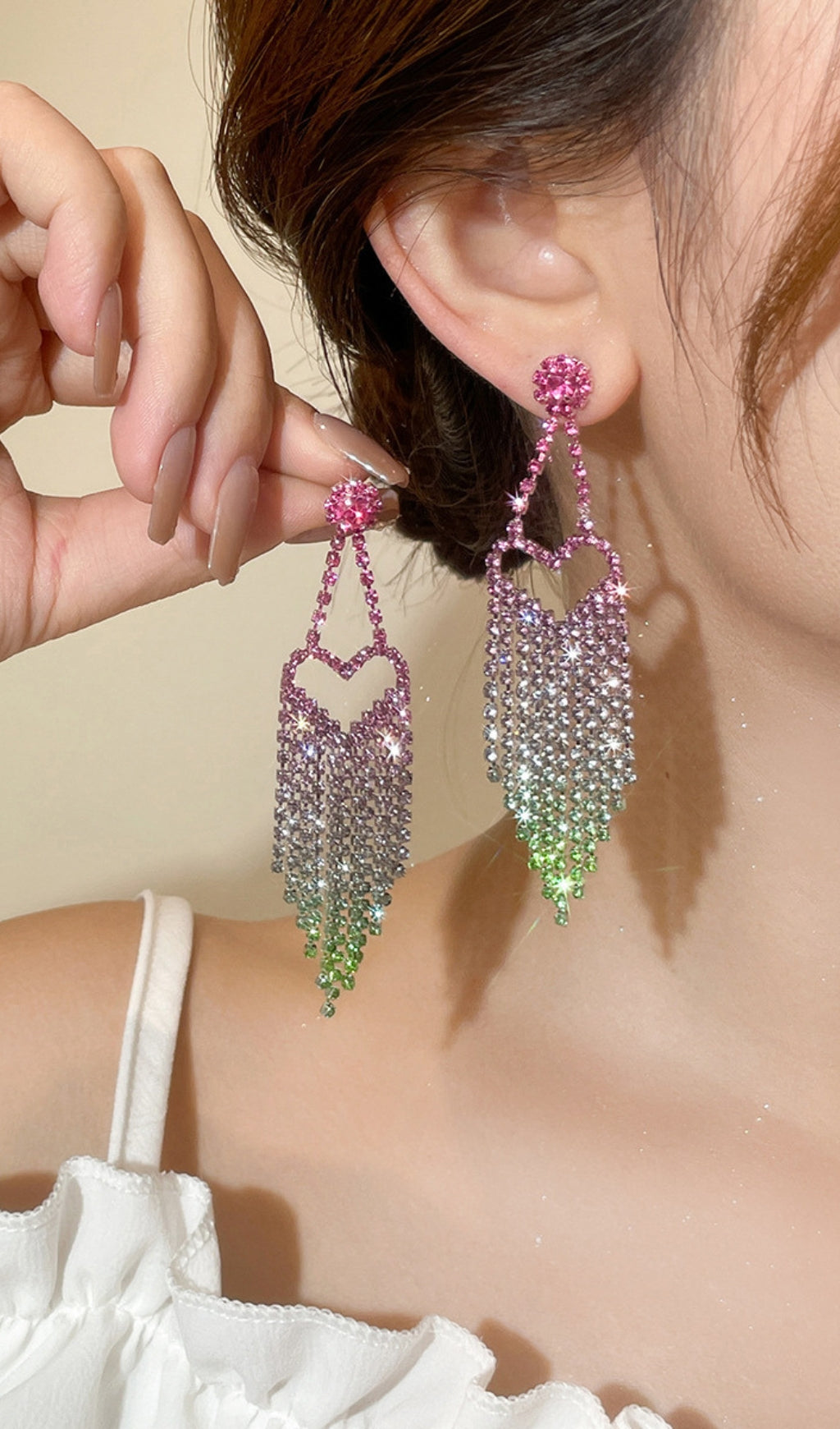 Demetra Rhinestone Heart Tassel Earrings Flowering Girl