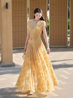 Jennifer Lace Flower Embellished Maxi Dress In Yellow Flowering Girl