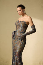 Shnovia Blue Strapless Embroidered Lace Maxi Dress With Gloves Flowering Girl
