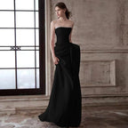 Mermaid Ruched Strapless Beading Black Prom Dress Flowering Girl