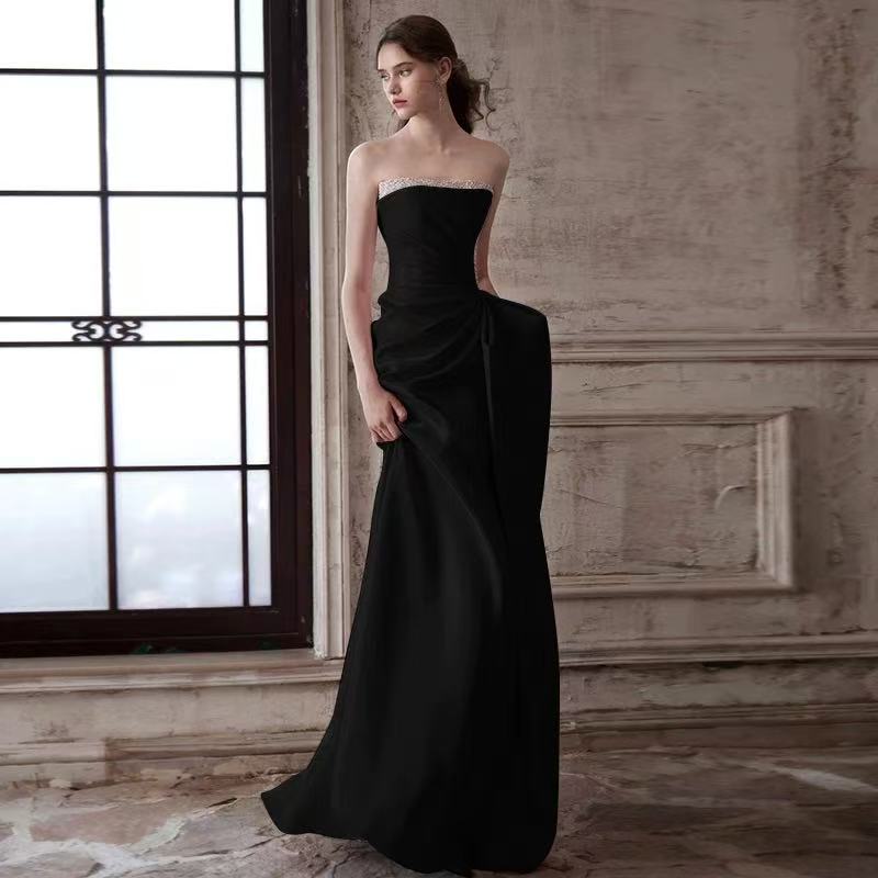 Mermaid Ruched Strapless Beading Black Prom Dress Flowering Girl