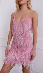 Tassel Feather Mini Dress In Pink Flowering Girl