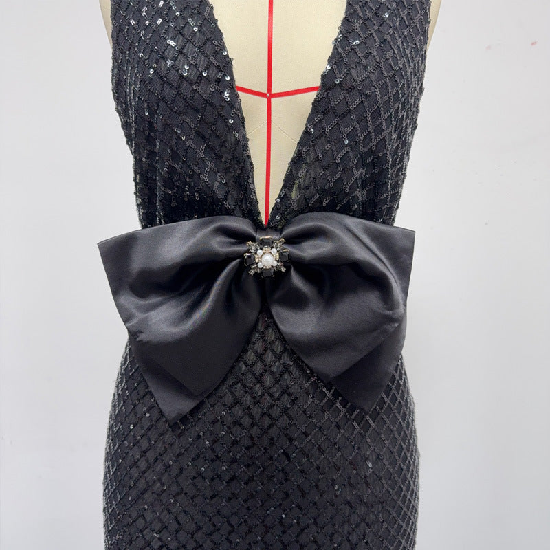 Rebecca Bow Sequin Embellished v Neck Maxi Dress In Black Flowering Girl