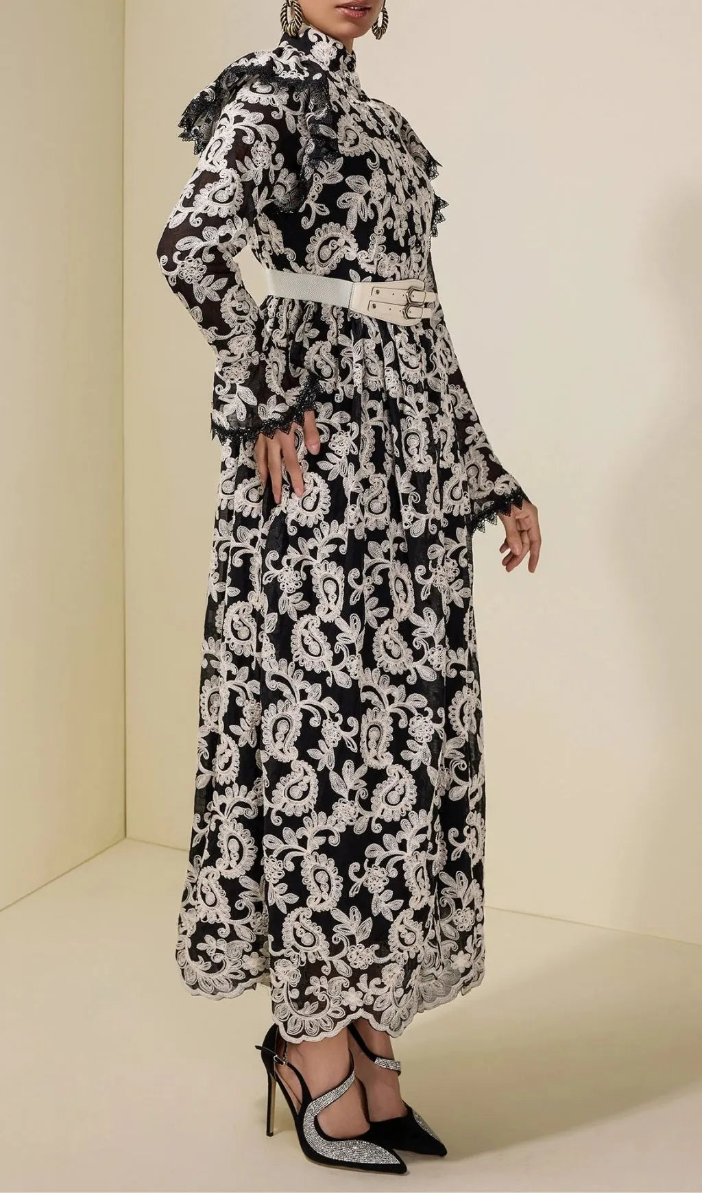 Alma Chiffon Embroidered Single Breasted Midi Dress With Belt - Black Flowering Girl