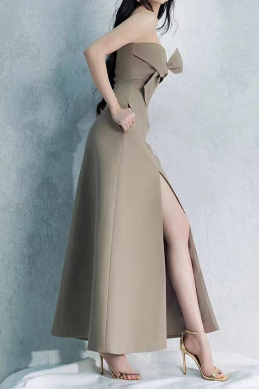 Alberta Bowknot Strapless Slit Midi Dress In Grey Green Flowering Girl