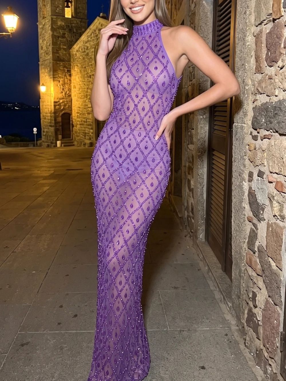Crystal Sequin Mesh Maxi Dress Purple Flowering Girl