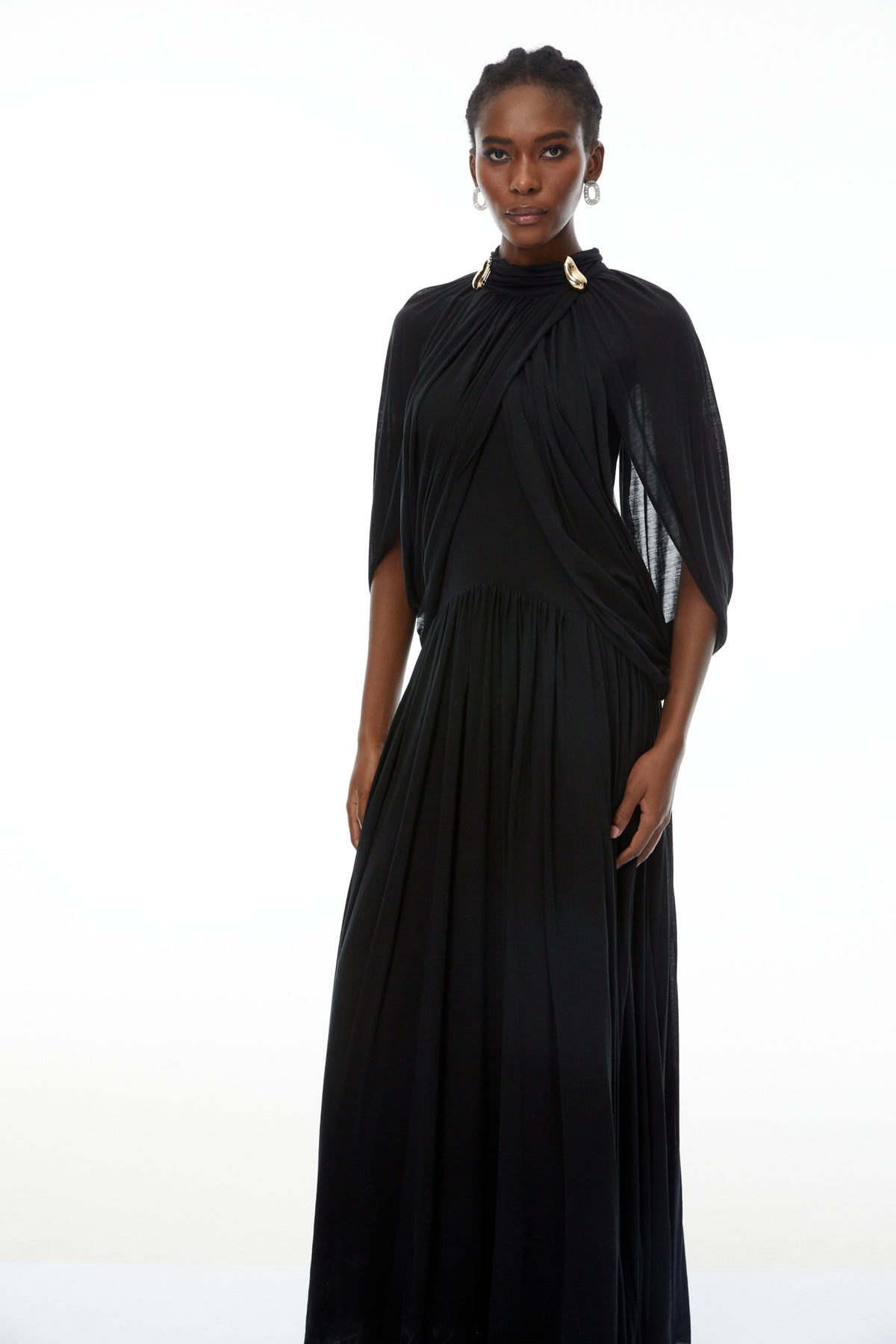 Leona Black Draped Cape Sleeve Knit Maxi Dress Flowering Girl