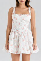 Hedy Elastic Printed Tie-Waist Mini Dress——Pink Flowering Girl