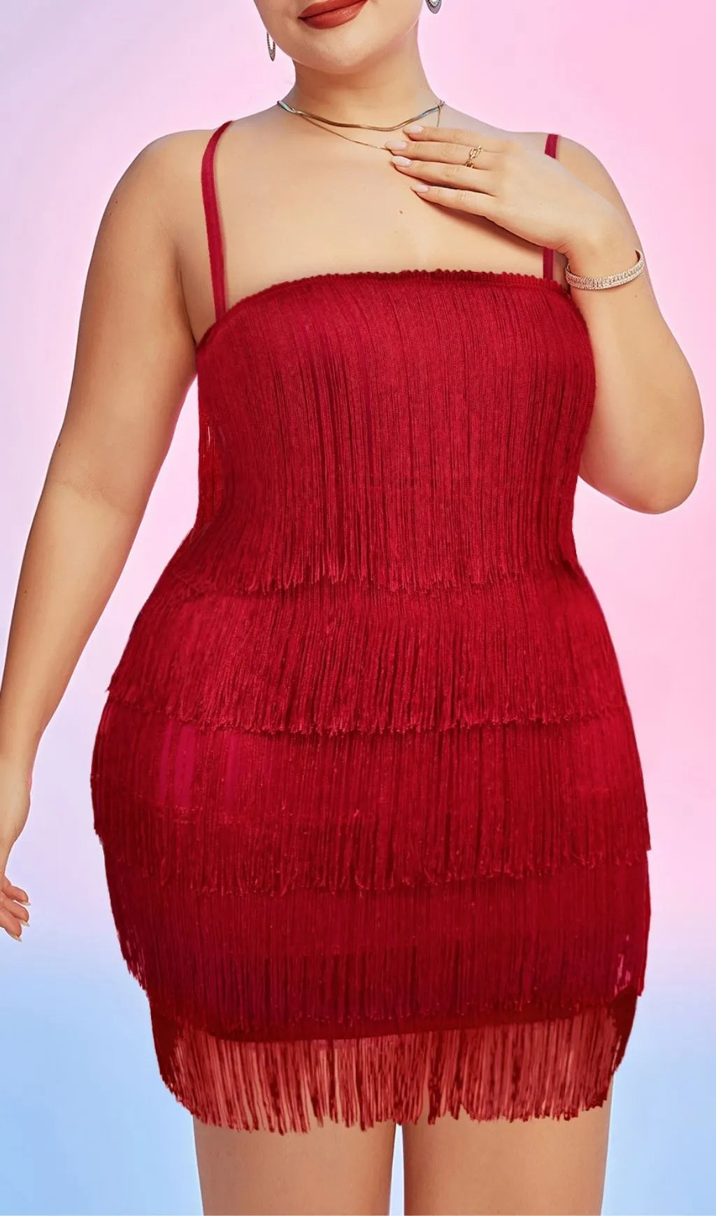 Lanita Red Strappy Tassel Plus Size Mini Dress Flowering Girl