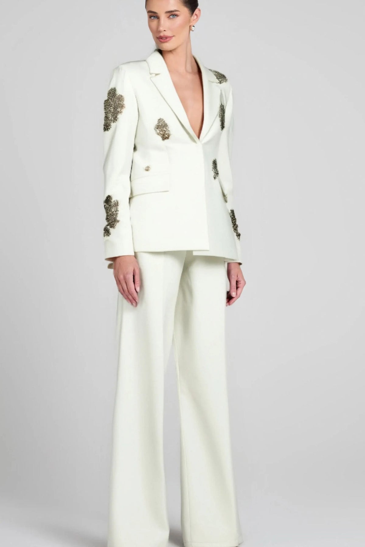 Winee Rhinestones Embellished Blazer Set White Flowering Girl