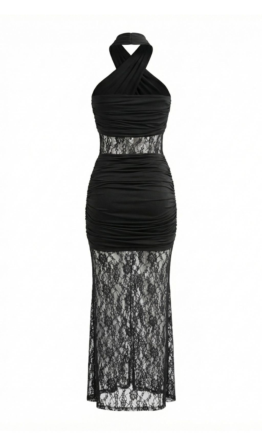 Jaelle Black Halter Lace Ruched Maxi Dress Flowering Girl