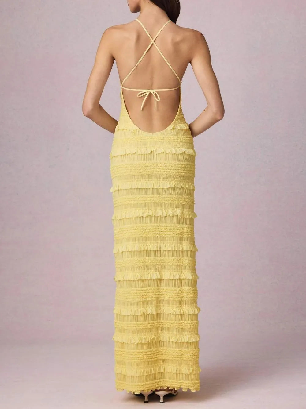 Mercedes Yellow Halter Ruffle Backless Maxi Dress Flowering Girl