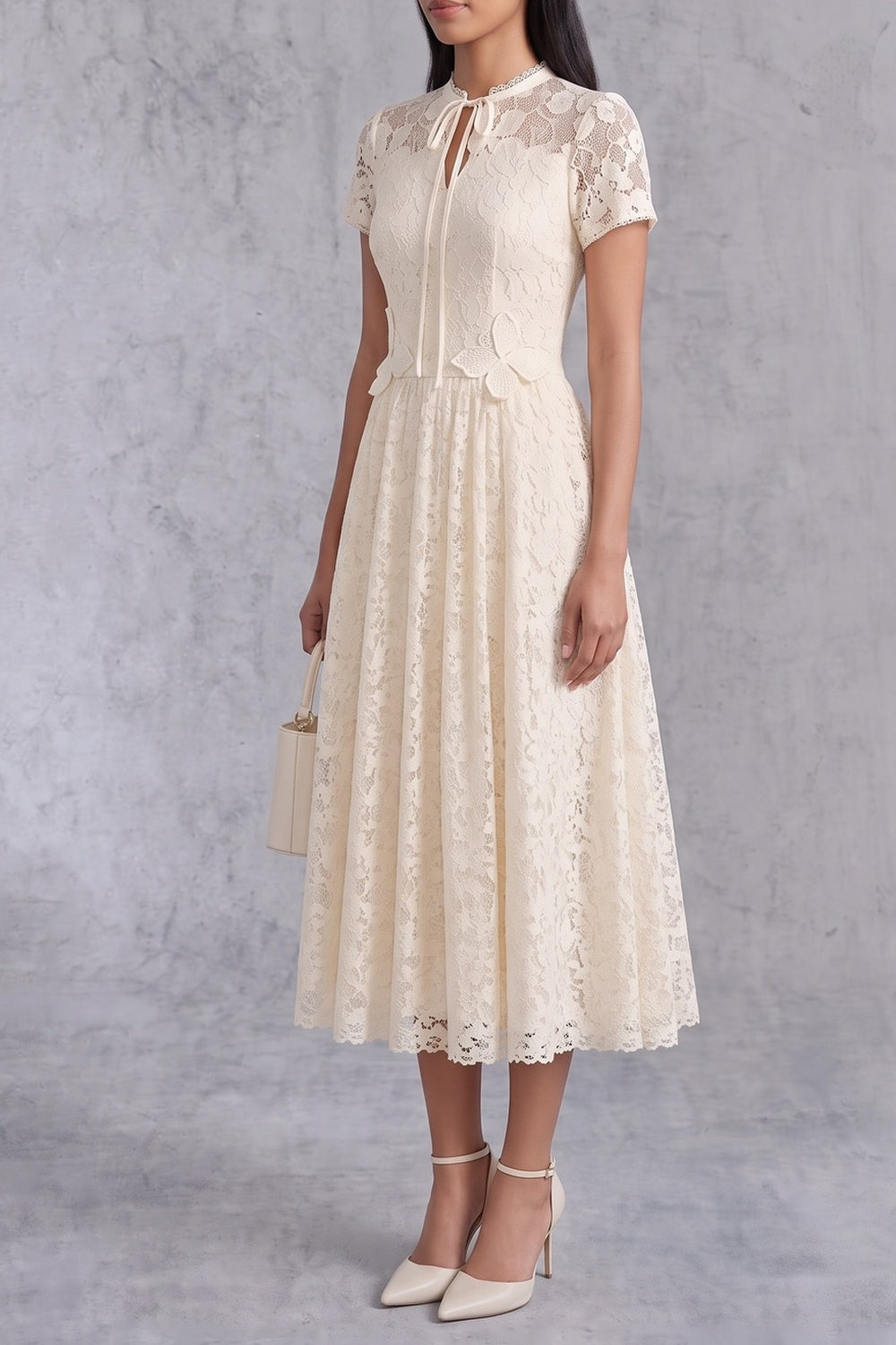 Cream Lace Tie Neck Short Sleeve A-Line Midi Dress Flowering Girl