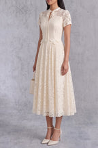 Cream Lace Tie Neck Short Sleeve A-Line Midi Dress Flowering Girl