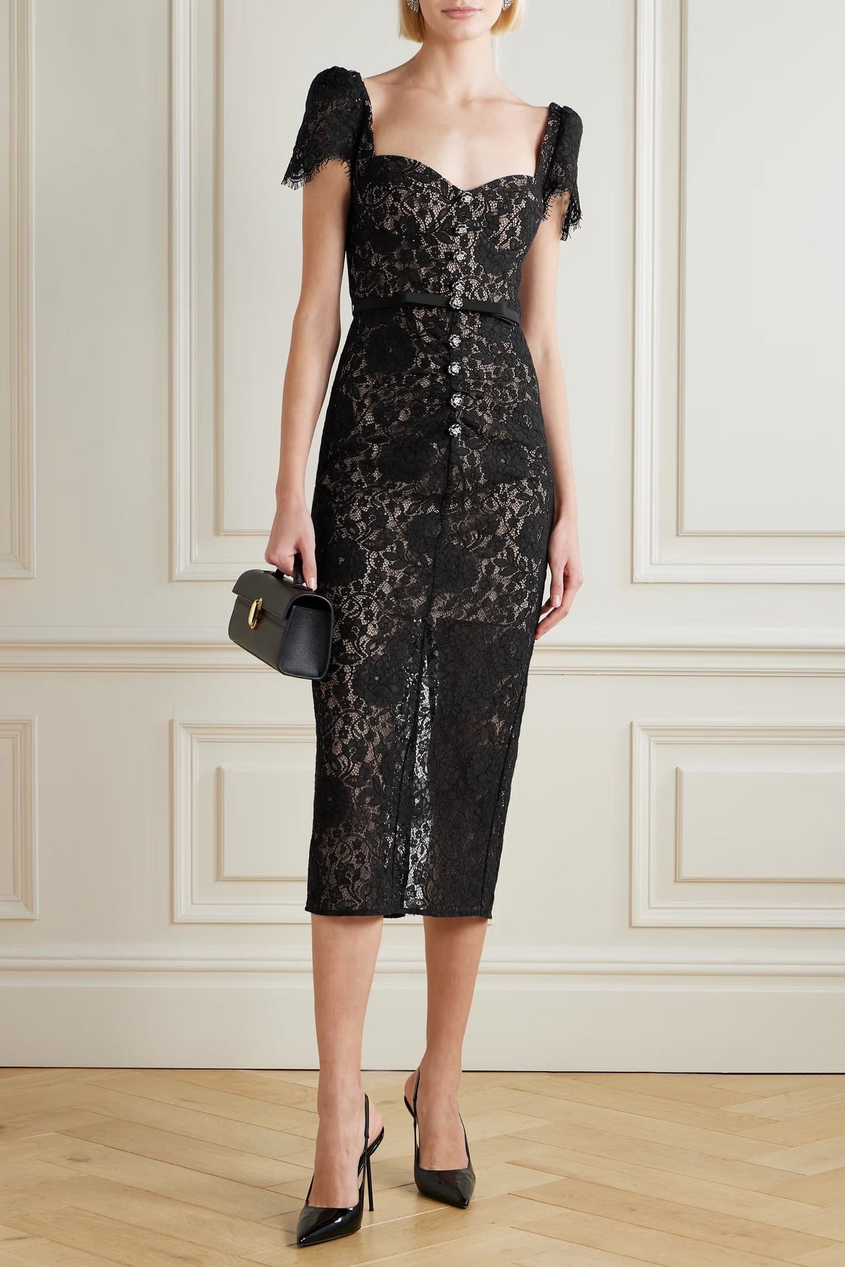 Helen Black Belted Embellished Cotton-Blend Lace Midi Dress Flowering Girl