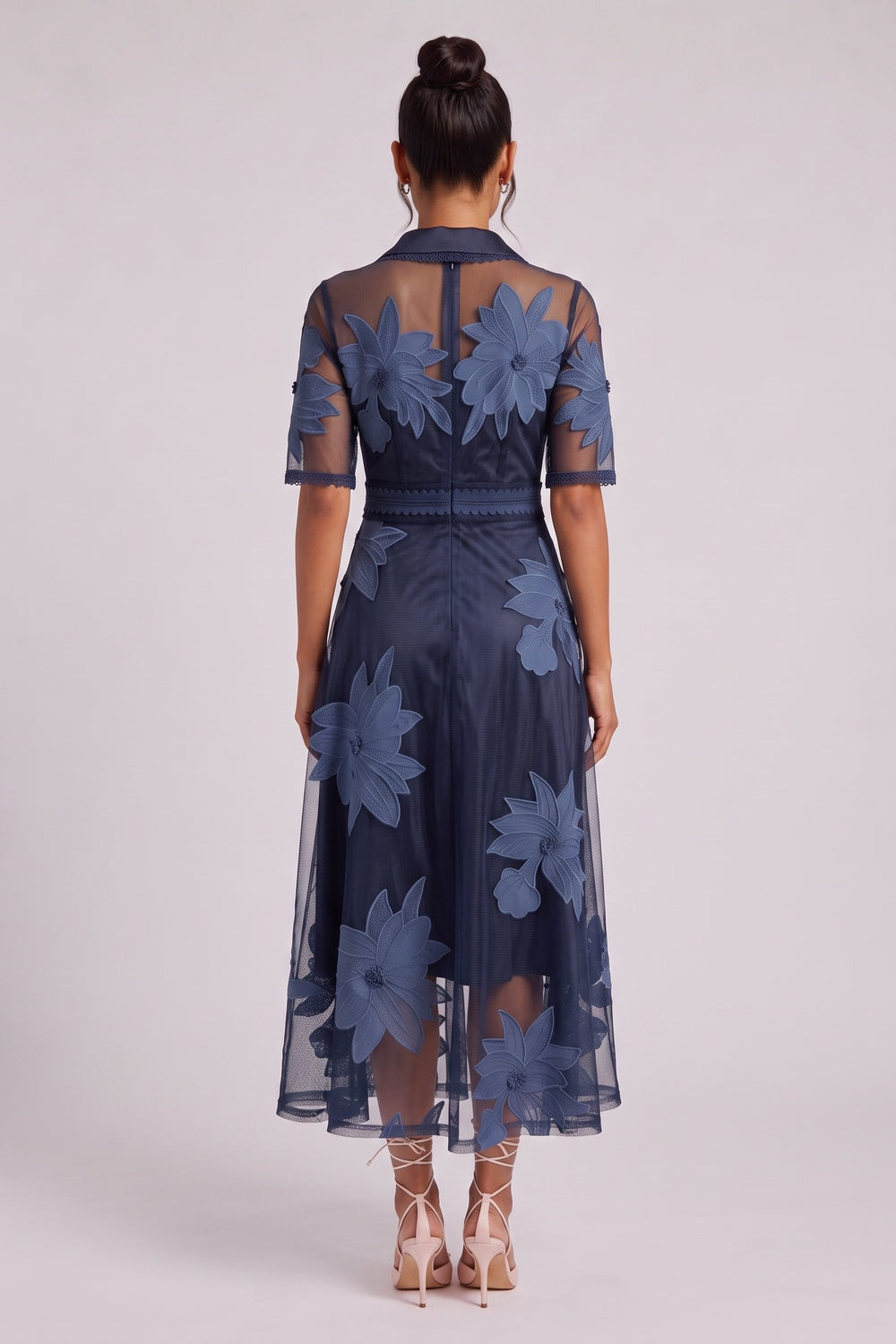 Navy Blue Sheer Organza A-Line Midi Dress with Floral Embroidery Flowering Girl