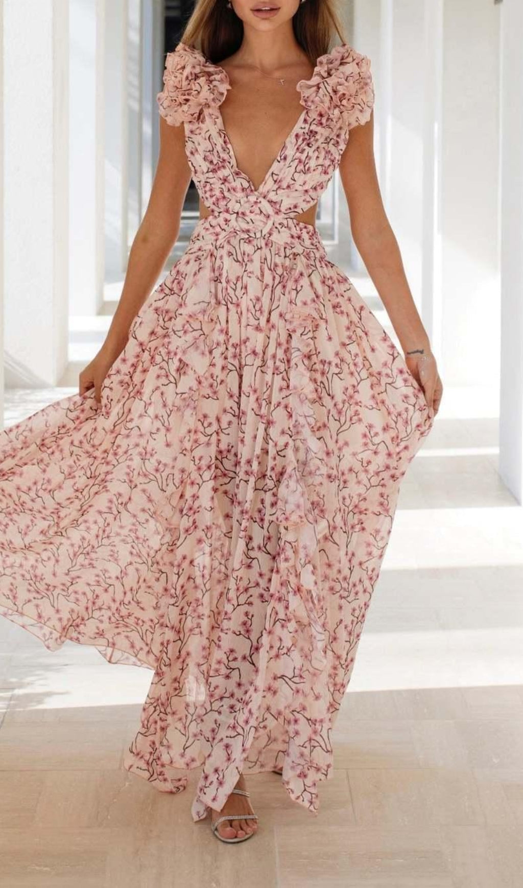 Anjelica Pink Ruffled Floral Maxi Dress Flowering Girl