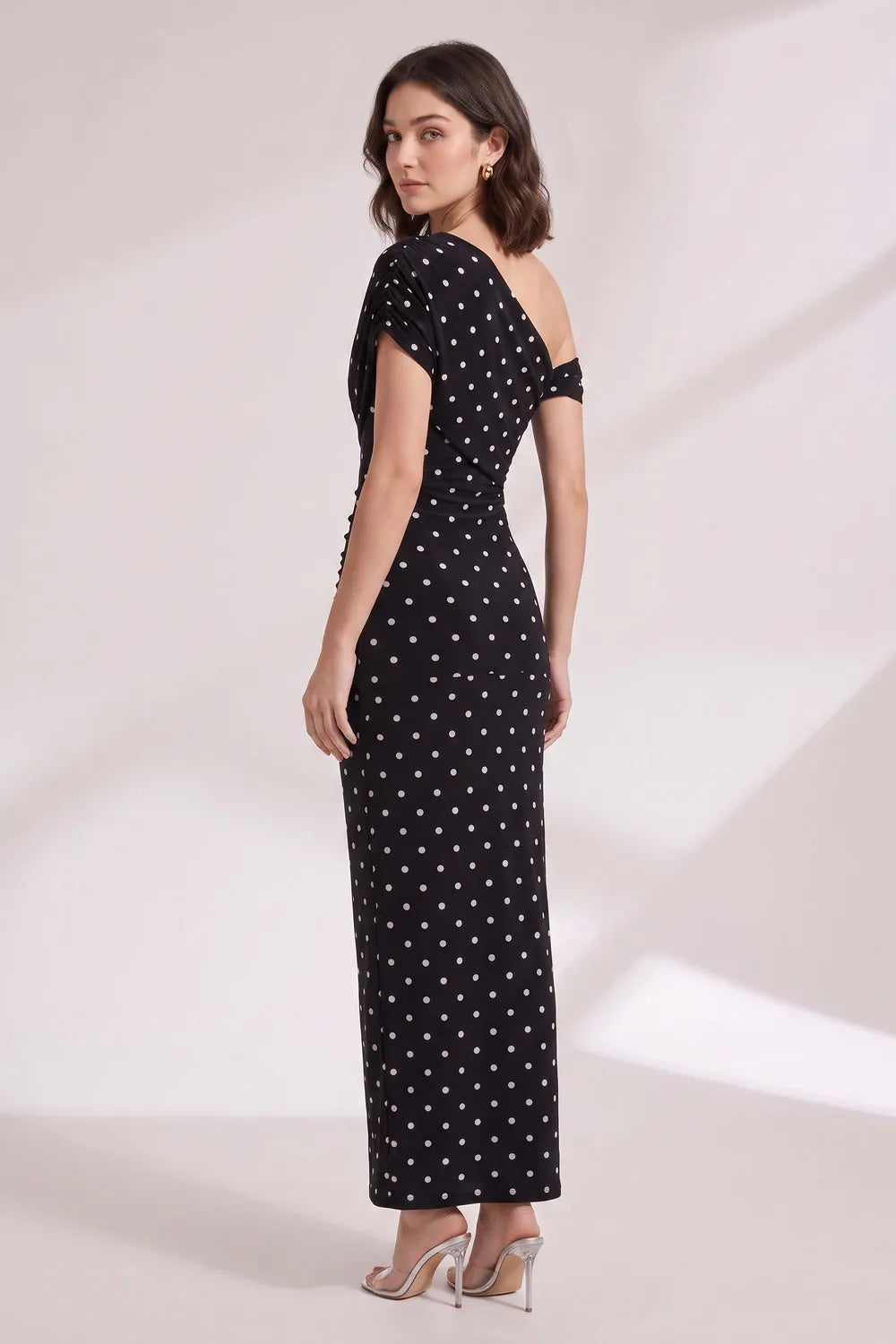 Black Polka Dot One-Shoulder Maxi Dress Flowering Girl