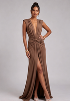 Brown Jersey Column Gown with Twist Detail Flowering Girl