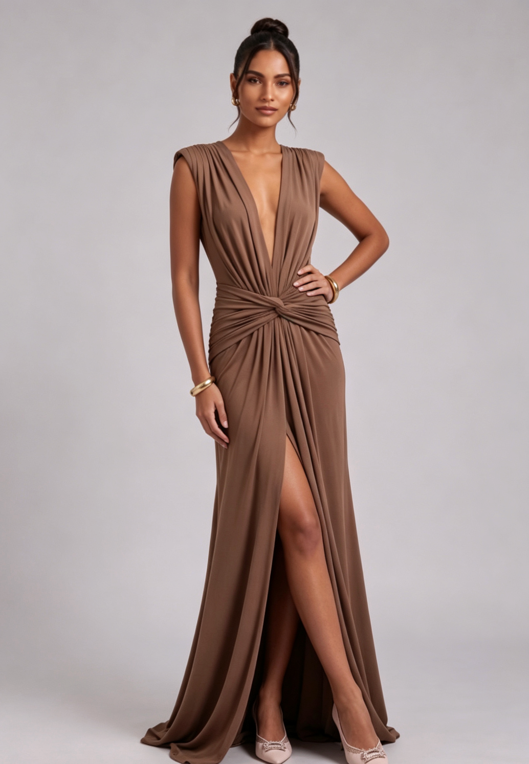 Brown Jersey Column Gown with Twist Detail Flowering Girl