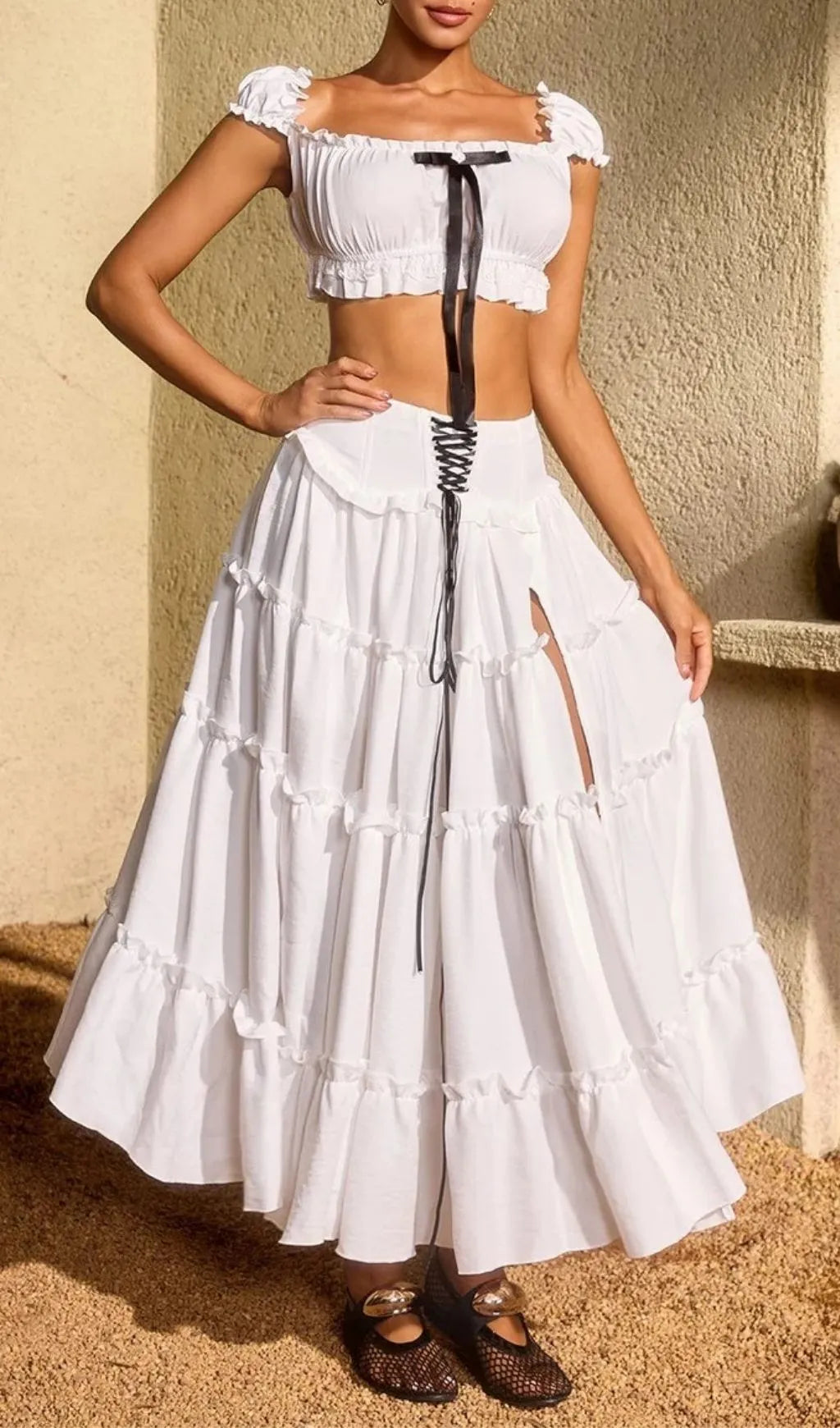 Uvenlor Lace Up Split Skirt Set Flowering Girl