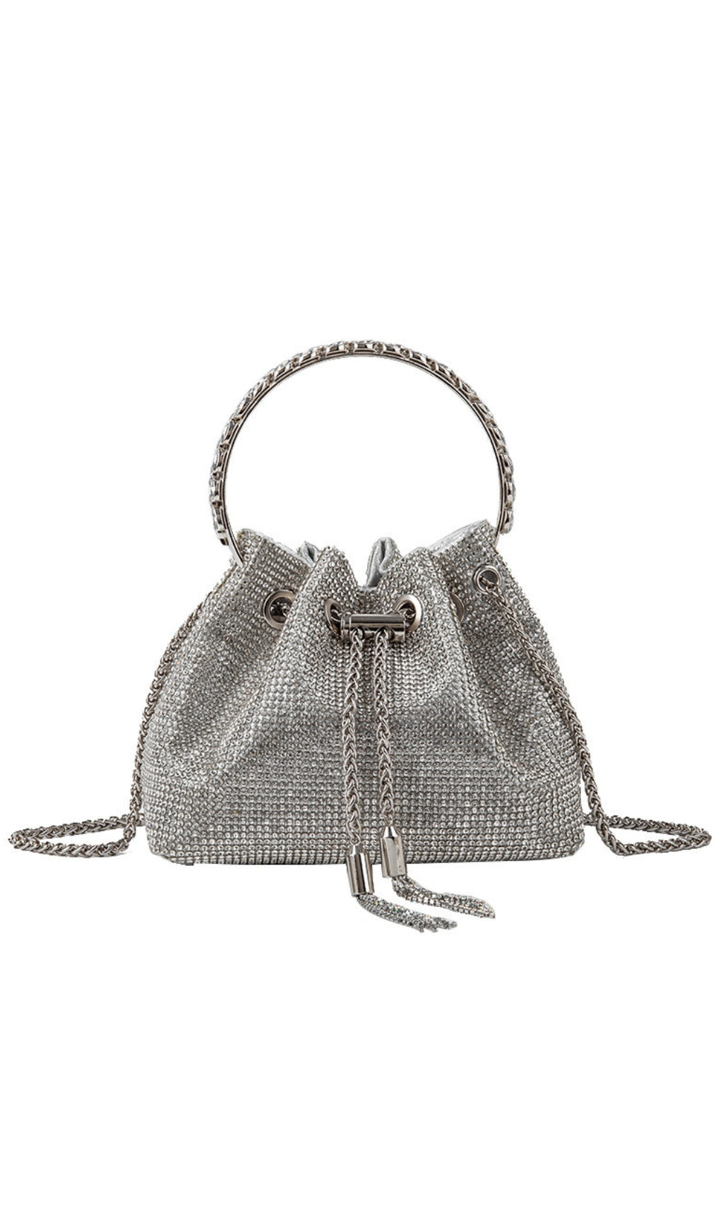 Crystal Embellished Bucket Bag In Silver Flowering Girl