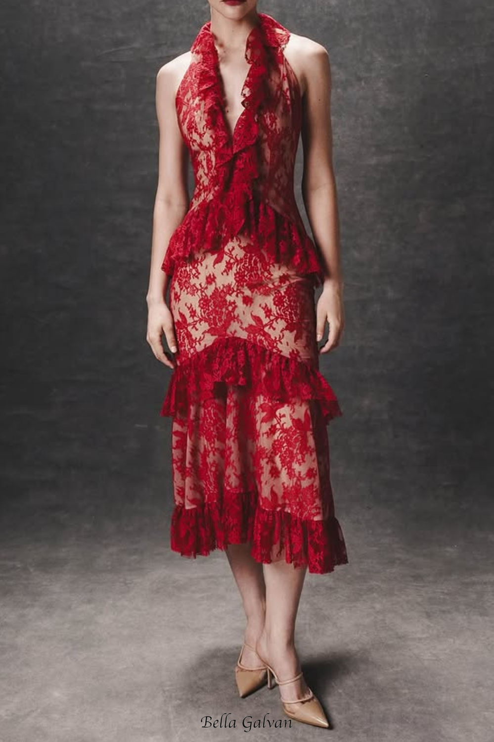caitlin Lace Halter Ruffle Midi Dress in red Flowering Girl