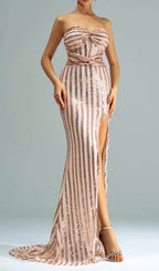 Apricot Mermaid Strapless Sequined Split Maxi Dress Flowering Girl