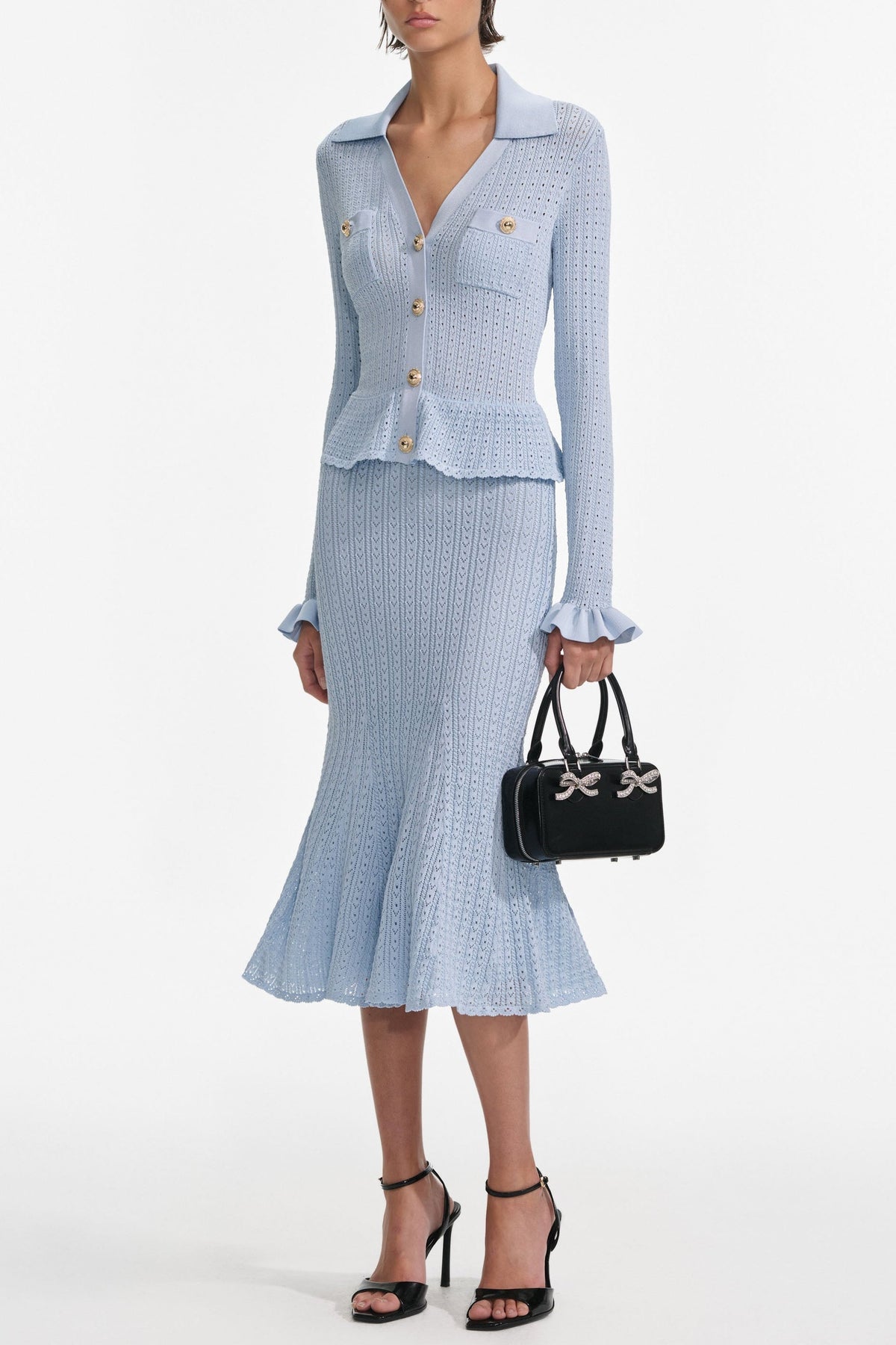 Lillian Blue Pointelle Peplum Knit Midi Dress Flowering Girl