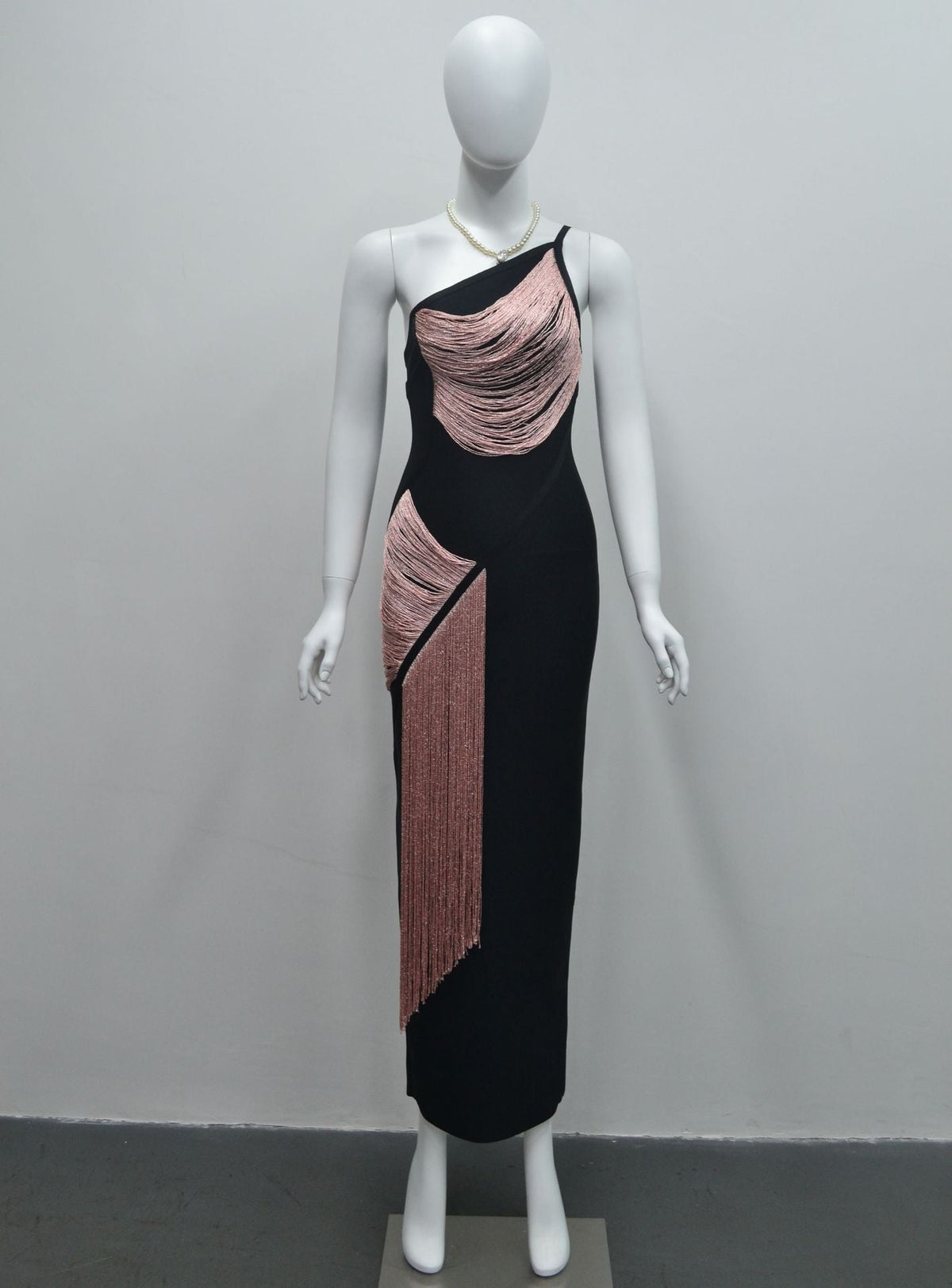 Black One-Shoulder Fringe Column Dress Flowering Girl
