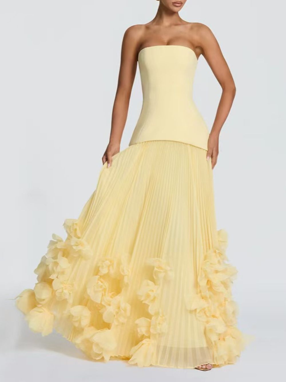 Ovarq Strapless Pleated Flower Maxi Dress In Yellow Flowering Girl