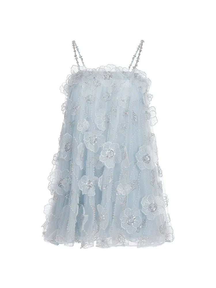 Tutu Light Blue Sleeveless Flower Diamond Short Doll Dress Flowering Girl