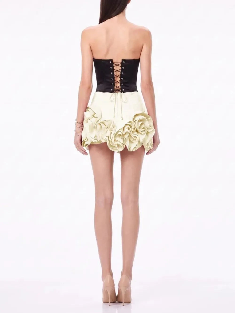 Jorvani Strapless Flower Skirt Set In Beige Flowering Girl