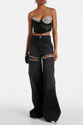Maeia Rhinestone Cutout Jeans - Black Flowering Girl