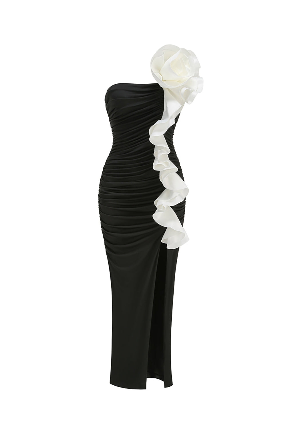 Judy One Shoulder Peony Ruffle Gown In Black Flowering Girl